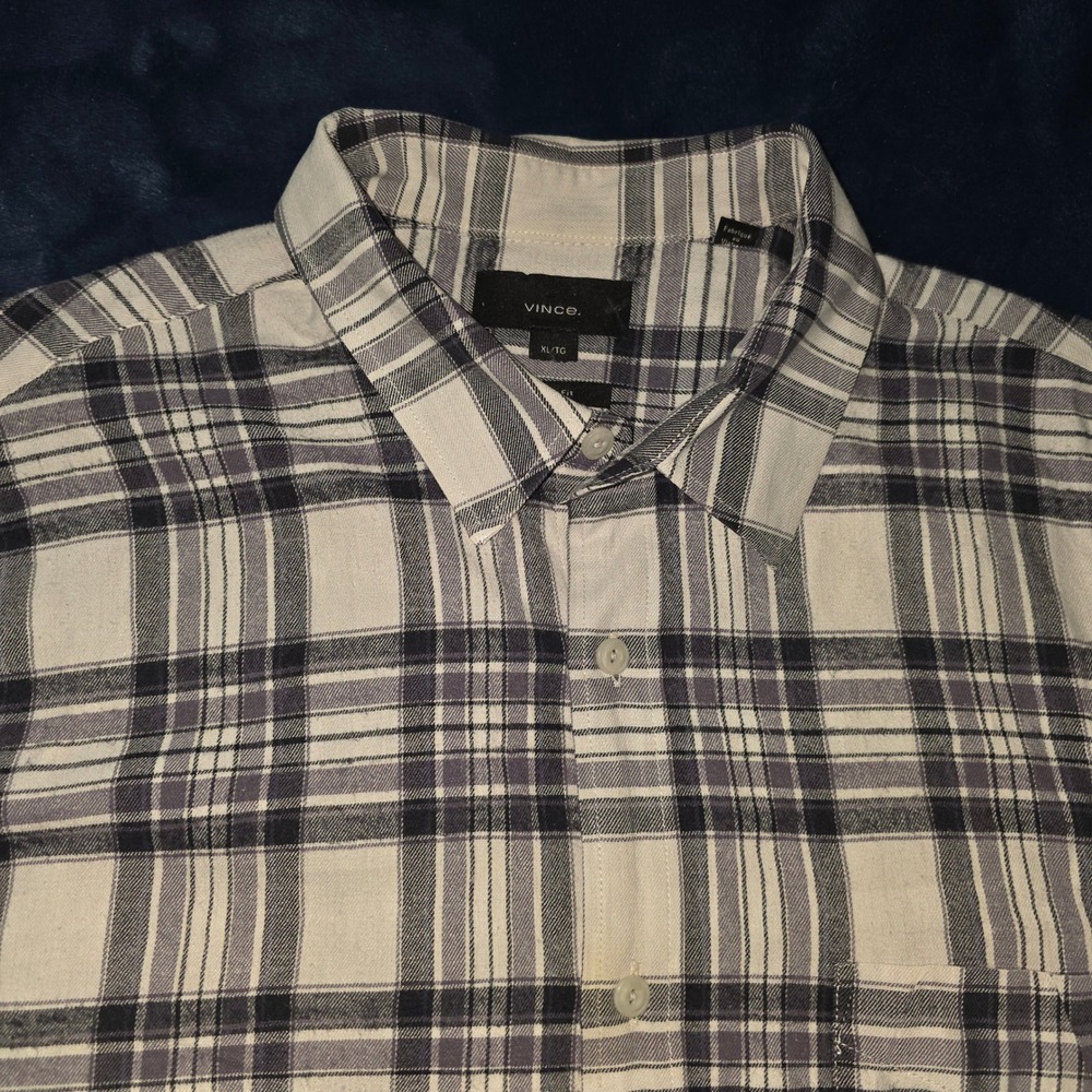 Vince Mens Plaid Flannel Shirt XL Classic Fit Grey Black White‎ Cotton Rayon Mix